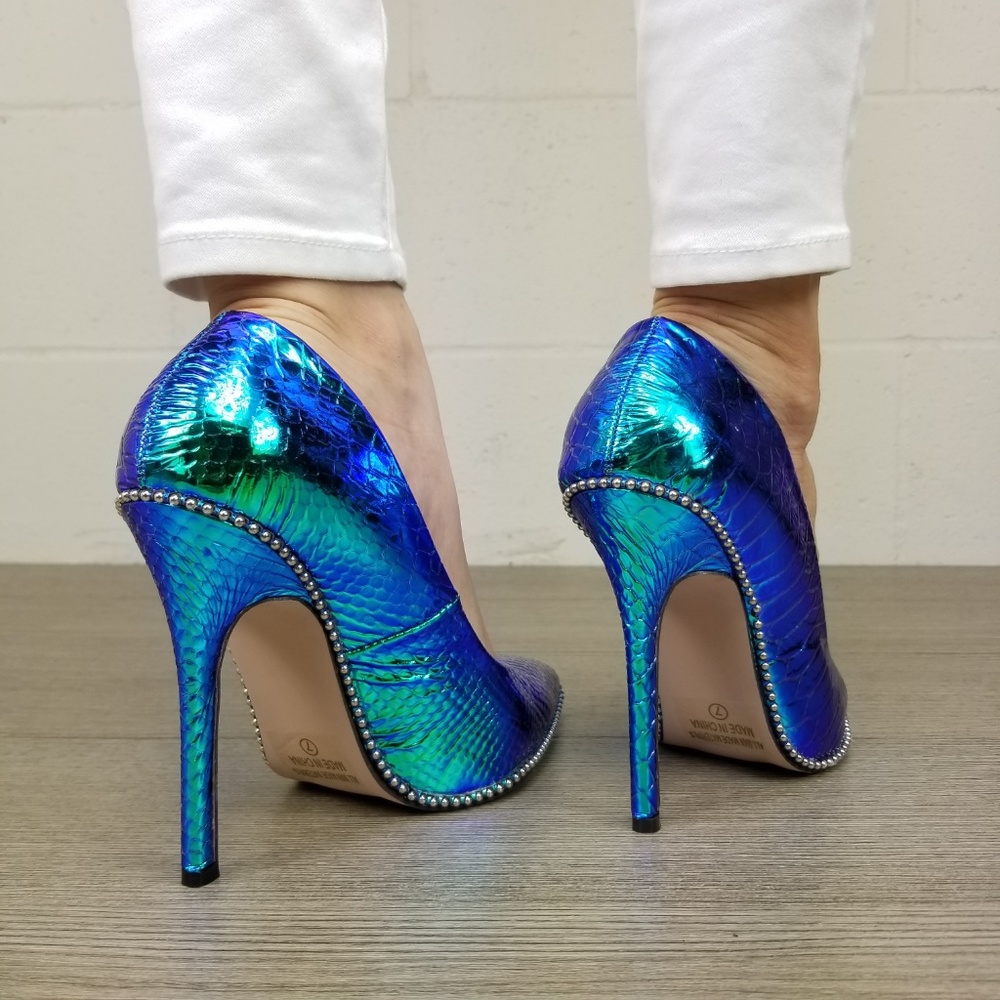 Mermaid Blue Green High Heel Pumps With Studs -Y - Picture 5 of 8